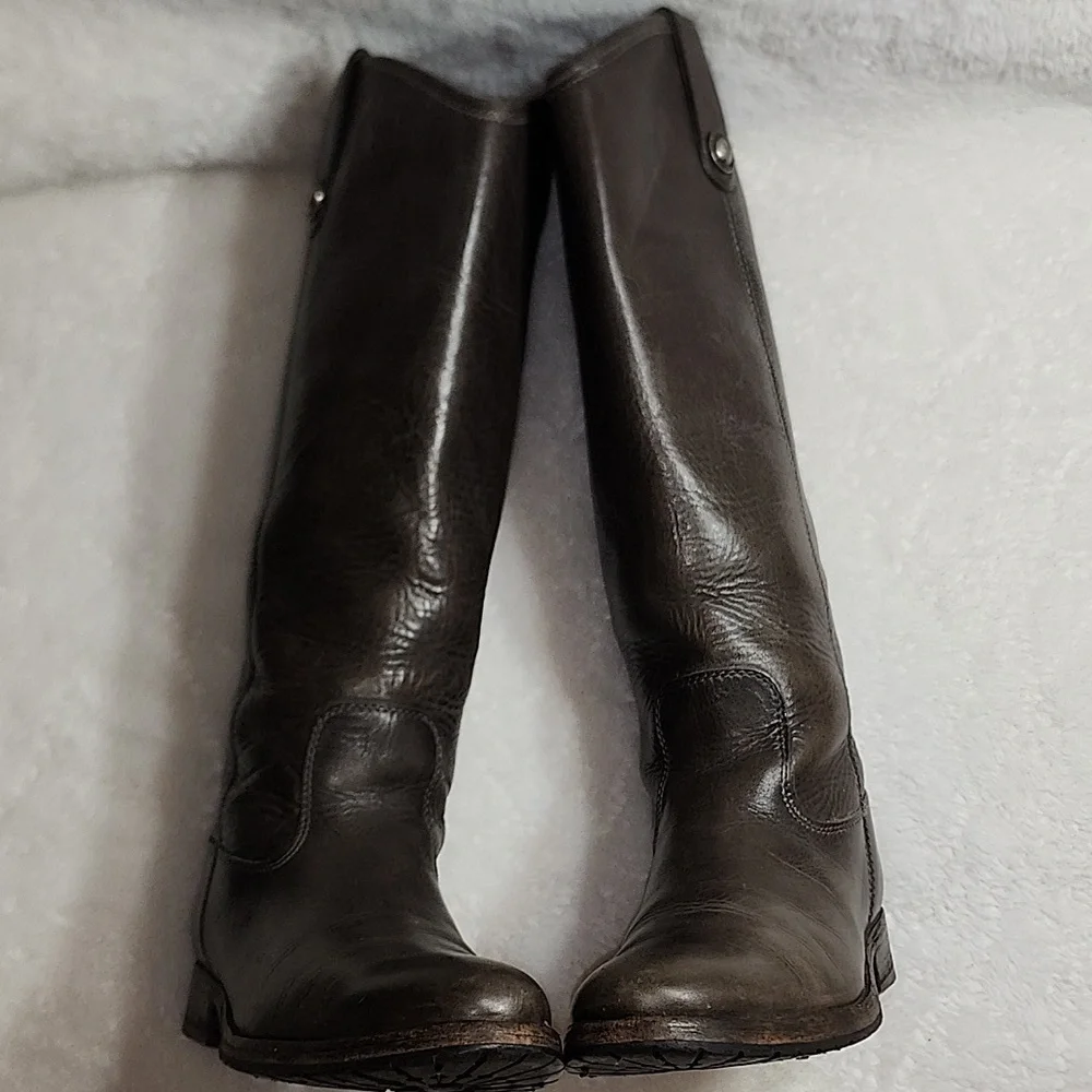 Frye Melissa Tall Western Riding Lug Boots Gray Leather Sz 6.5